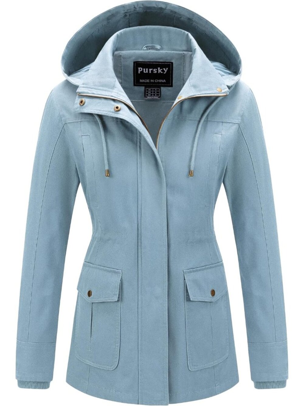 Women Light Blue Cotton Removable Drawstring Hood Military Utility Anorak Jacket
